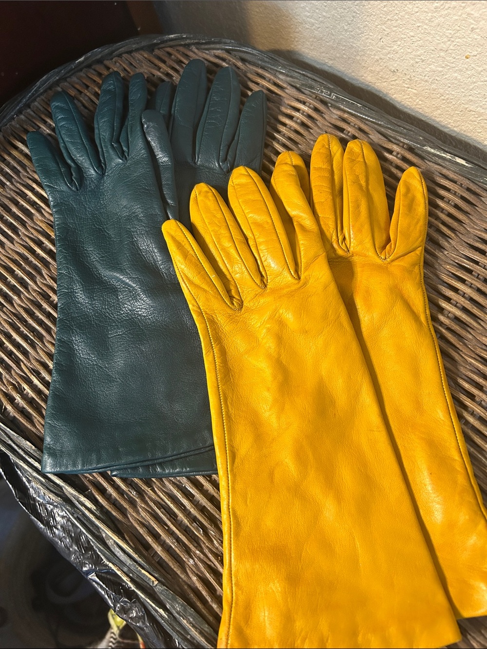 Two Pairs of Vintage Leather Gloves - Mustard Yellow & Hunter Green
